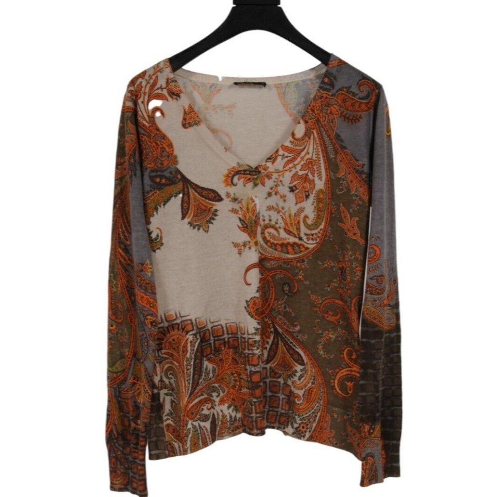 Etro Womens V Neck Paisely Sweater Medium Gray Cream Orange Cashmere Blend